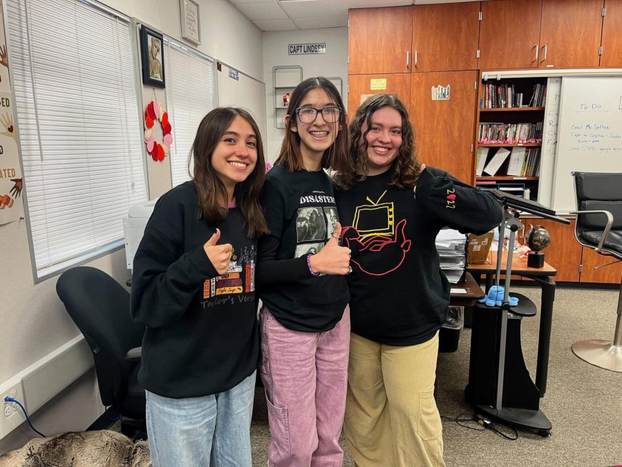 Karen Estrada 24, Serena Martinez 24 and Angelina Hernandez 24 represent their favorite artists, Taylor Swift, Conan Gray and Harry Styles, by proudly wearing their merchandise to school.
