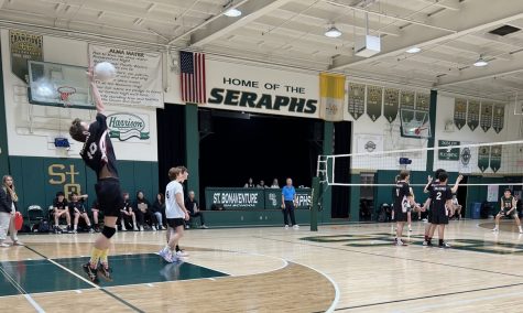 Tyler Jorden 23 (number 10) serves the ball to St. Bonaventure. He played extremely energetically and contributed a large amount of points to the final score. The Dragons were slain in the fifth set, 15-10. This loss drops them down to second place in the Tri-Valley League.