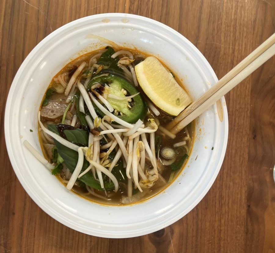 This pho is jam packed with flavor. From the spicy and hot broth to the cold crunch of bean sprouts, this noodle soup is great for a quick stop at The Annex.