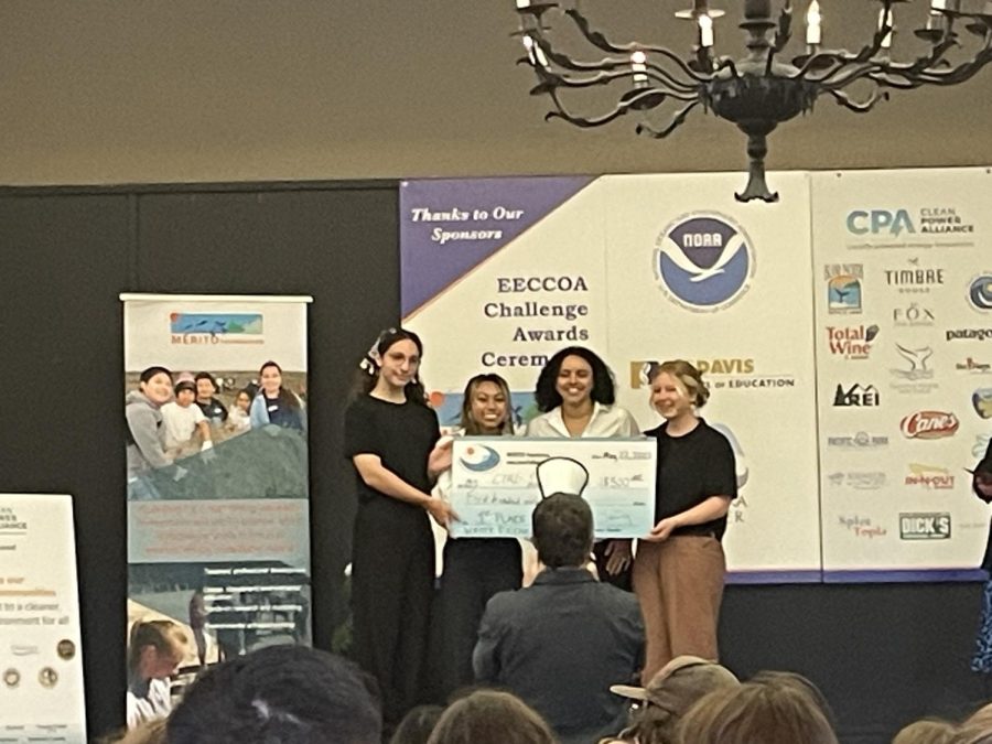 Lynna Nguyen ‘24, Nathan Turner 24, Jaslyn Shirk 24 and Lola Tennison 24 all stand proudly as they receive their award for their project in the Energy Efficiency to Mitigate Climate Change and Ocean Acidification (EECCOA) Project. The project, which the students competed in through Mrs. Hunts’ Advanced Placement (AP) Environmental Science Class is an important STEAM competition which takes place every year. Read more to learn about both the project and this years winners.