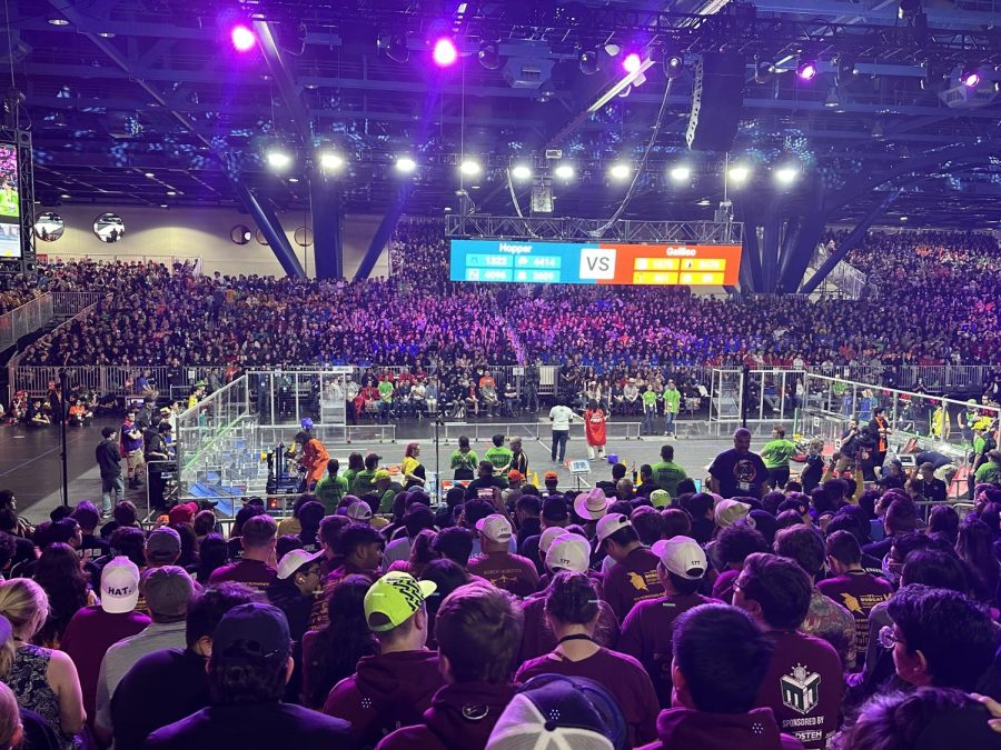 An inside view of the competition floor and roaring crowd of the 2023 Robotics World Championship in Houston, Texas.