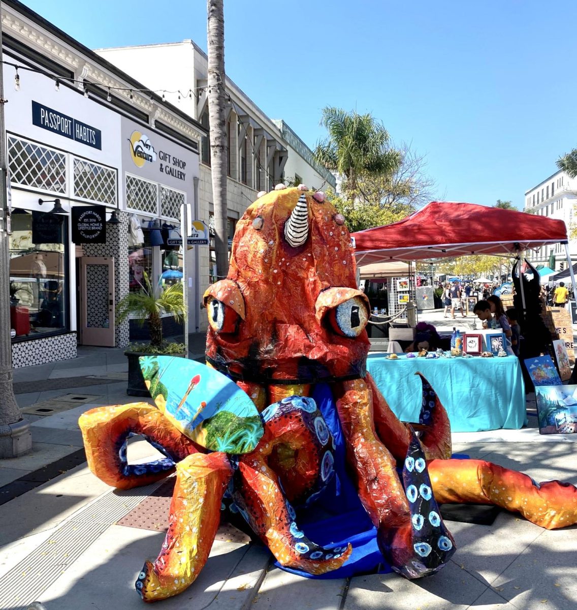 An enormous, eye-catching paper mache octopus is situated at the start of the ArtWalk exhibition on Main St., Ventura, greeting attendees as they enter the event. Inspired by Ventura’s natural environment, this work of art highlights the abundance of sea creatures that call our oceans home.