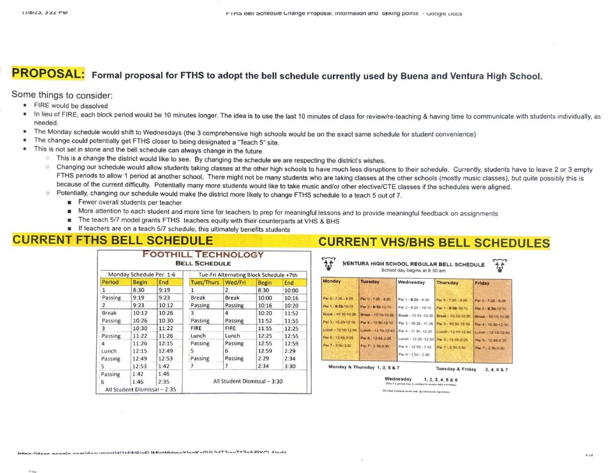 In this flier, the potential effects and benefits to matching Foothill Techs schedule to Buena High and Ventura High are outlined. Most notably, FIRE would be cut out of the schedule, and it would bring Foothill Tech closer to a Teach 5 site, something many teachers have been advocating for.