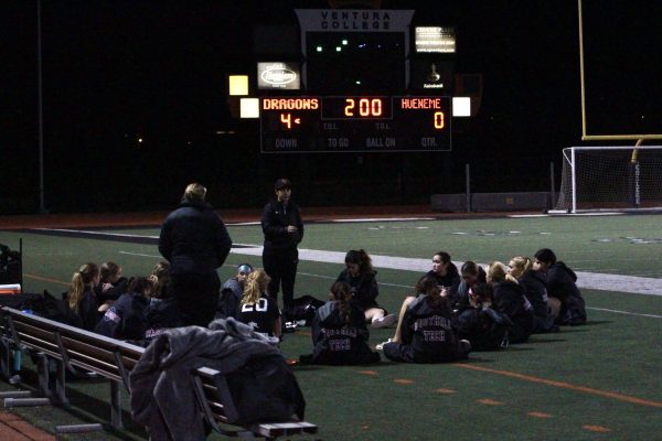 On the brisk night of Dec. 11, 2023,  the Foothill Technology High School (Foothill Tech) girls soccer team sits together to receive feedback on how they played from one of their coaches, Patty Gomez, winning against Hueneme High School (Hueneme), finishing 4-0.