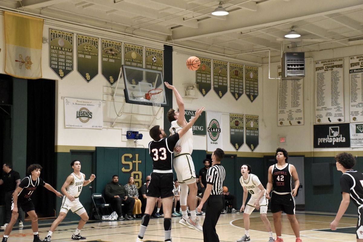On the night of Dec. 5, 2023, Foothill Technology High School (Foothill Tech) fought through a strenuous loss against nearby rival St. Bonaventure. Pictured above is Phillip Blessum ‘25 (number 33) who attempted to gain control of the ball at the start of the game.