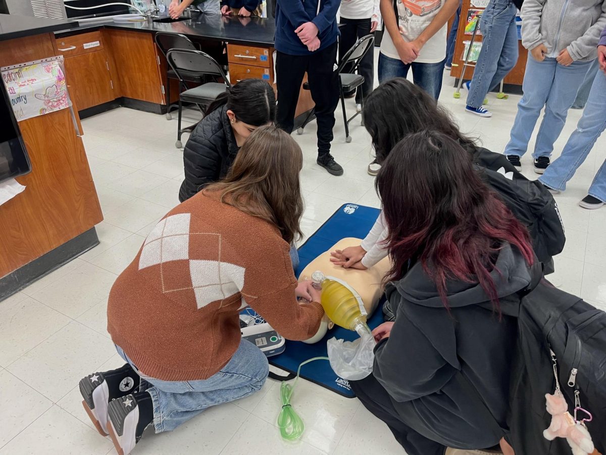 On the sunny days of Jan. 9, 2024 and Jan. 10, 2024, students gathered into different classes during their F.I.R.E. period to listen and learn about their choices for next school year’s electives. One main attraction was the BioScience Academy program fair. Displayed here is an upperclassman instructing the younger students on how to properly perform CPR, which is a skill you can learn in the academy.