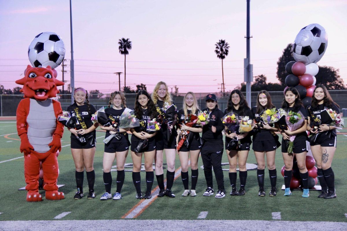 In+the+evening+of+Jan.+23%2C+2024%2C+the+Foothill+Technology+High+School+%28Foothill+Tech%29+girls%E2%80%99+soccer+team+had+their+senior+night.+In+this+photo+all+nine+of+the+seniors+receive+flowers+for+their+hard+work+and+take+a+photo+with+their+head+coach%2C+Patty+Gomez.