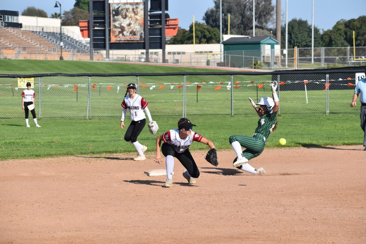 On the afternoon of March 21, 2024, the Foothill Technology High School (Foothill Tech) girls softball team faced off against their rivals, St. Bonaventure High School (Bonnie). With a Bonnie player attempting to slide onto base, Kyra Bouchard ‘27 (number 17) tries to catch the ball and force an out.