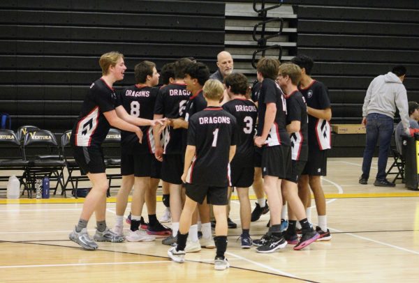 The Foothill Technology High School (Foothill Tech) volleyball team celebrates their victory for their final match of the 2024 season. Ventura High Schools (Ventura) Tuttle Gym was packed with cheering fans as the crosstown match ran its duration.