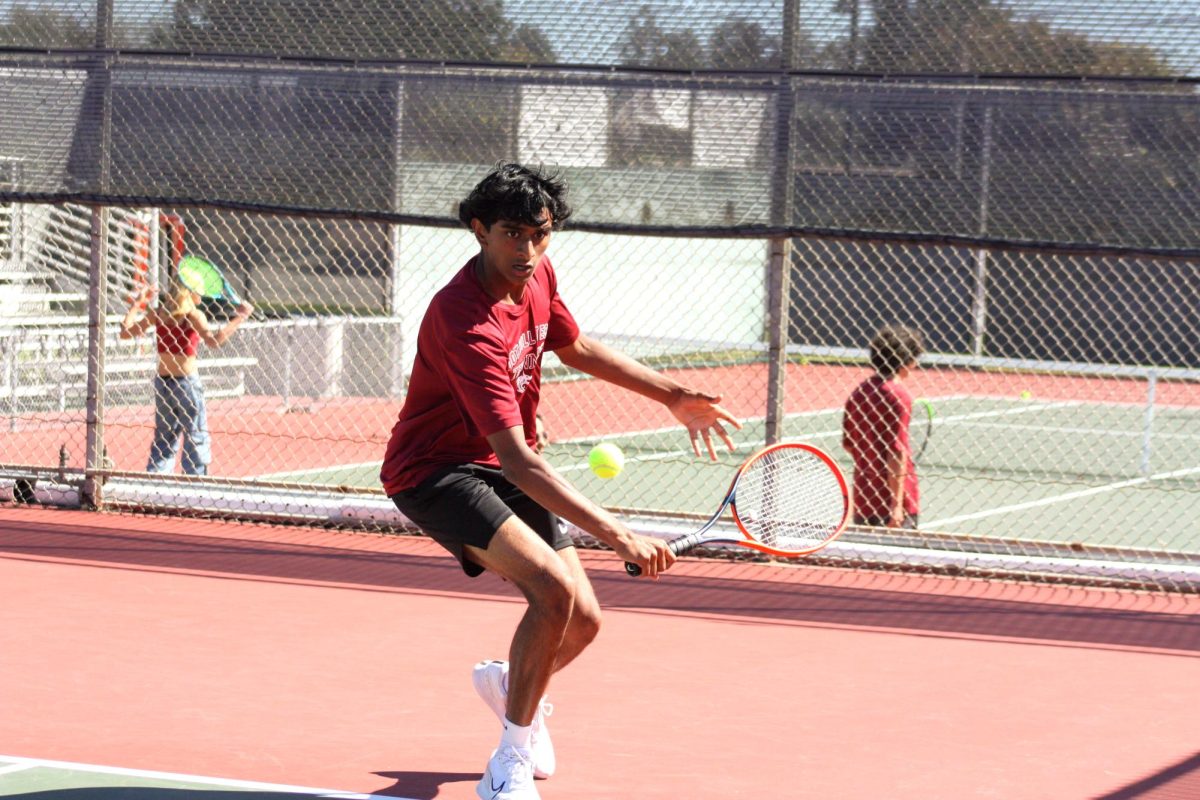 Aaditya Atluri 27 hits a backhand slice in the third round of the California Interscholastic Federation (CIF) playoff game against Mark Keppel High School (Mark Keppel) that took place on May 6, 2024. With a skilled roster, hard work and determination, Foothill Tech was able to win by a large margin, 13-5.