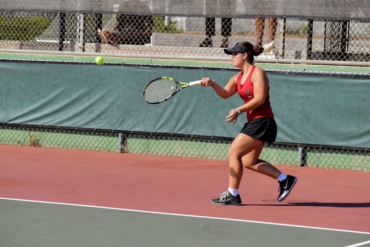 On Oct. 3, 2024, Foothill Technology High School (Foothill Tech) girls tennis played Villanova Preparatory School (Villanova) at Ventura College. The team tied in sets with a score of 9-9, but ultimately lost with an overall score of 78-79. Pictured in the image above is Ryan Alderman '25, who focuses on the ball and getting ready to send a forehand back to her opponent.