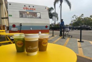 Tables were situated on the left of the van, making it the perfect place to sit and enjoy a cup of coffee or matcha. Pictured from left to right: iced matcha, hot mazapan latte, and pumpkin spice horchata latte.