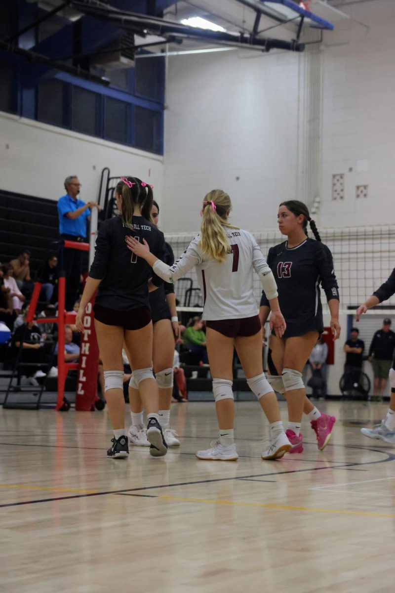 The Dragons celebrate with each other after a well earned point and a long rally. Foothill Tech kept up their positive energy, even in the face of challenging sets and plays from Bonnie.