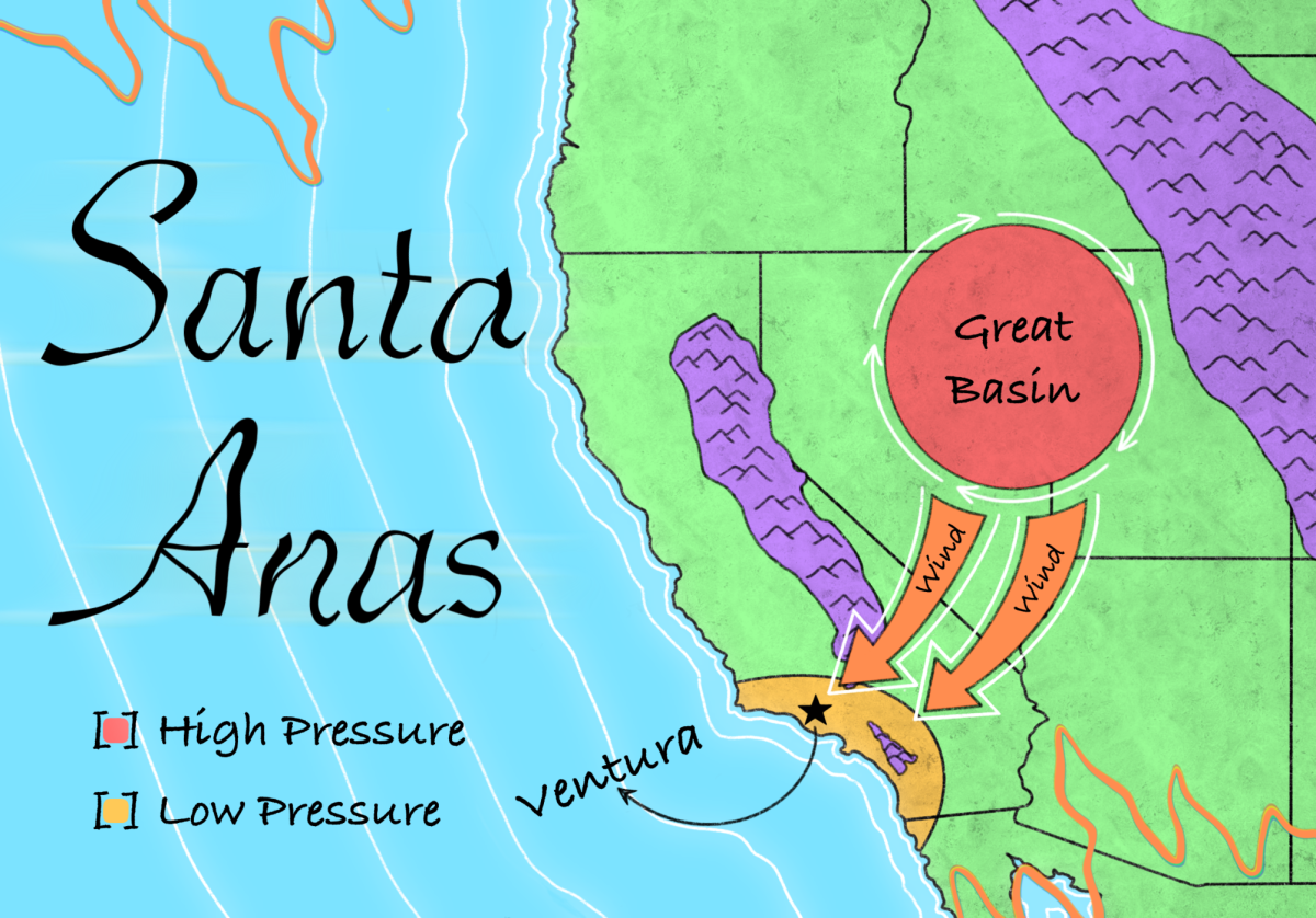 The Santa Ana winds, aptly nicknamed the devil winds, are notorious for their hot, dry nature and tendency to generate critical fire weather conditions in coastal Southern California. They typically blow through the months of September to May and occur when high pressure builds up over the Great Basin (the geographic area framed by the Rocky Mountains and Sierra Nevada) while a region of low pressure is present over the Southern Californian coast. The difference in pressure between the two areas creates a strong pressure gradient, causing the weather phenomenon known as the Santa Ana winds. As the winds flow down slope through mountain passes and canyons, they gradually gain velocity, lose moisture, compress and warm-up.