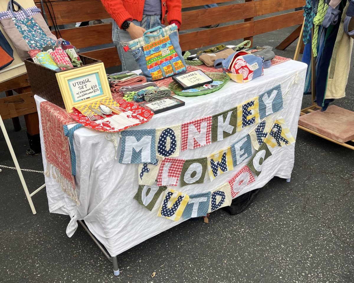 Monkey Flower Outdoor included various things, such as bags and utensil kits. They are all made from repurposed materials and sewn by Mattea Pilar, the owner of Monkey Flower Outdoor, herself, as is displayed on her table the annual Holiday Findings Flea Market in Downtown Ventura, Calif.