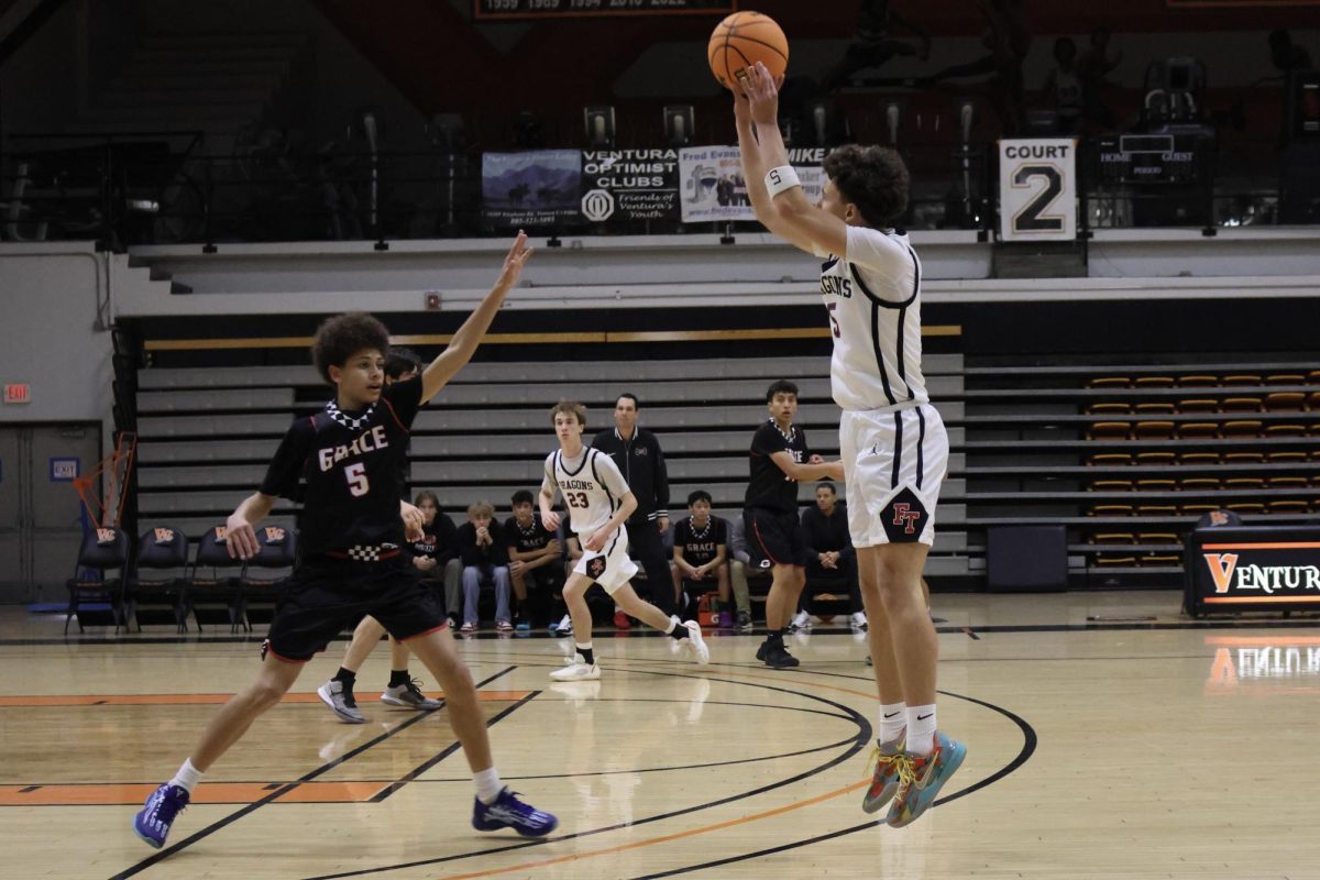 Going for the shot is number 5, Nick Turner ‘26, who is an essential part of the team. Despite the senior spotlight that was occurring on the court, during this game Turner made some great plays to help bring the team to victory. His dedication along with the rest of the team, helped bring the team to a blasting victory with a final score of 65-31.