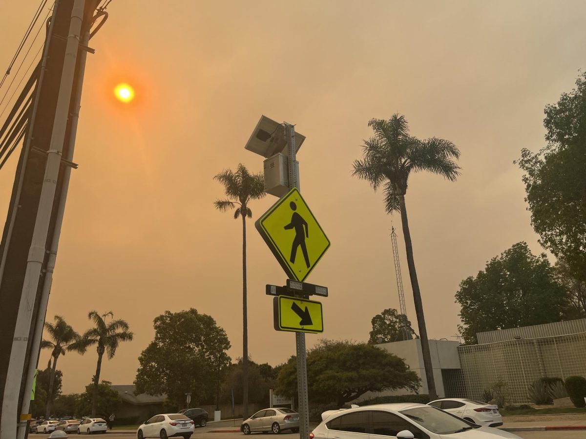 Right in front of Foothill Technology High School's campus stood a glaring orange sun, and a chalky grey sky representing the devastating fires all over LA County. While still at school, students of Foothill Tech faced a snowstorm of fallen ash from the fires, and poor air quality, as depicted in the image.