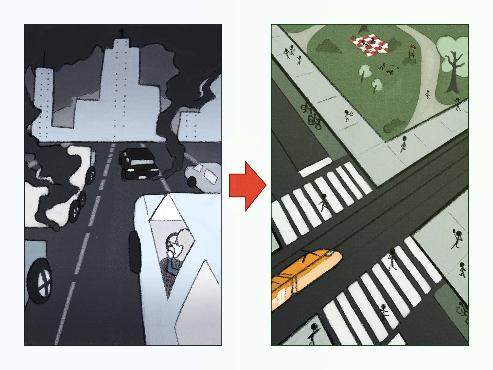 The automobile industry has been a prevalent factor in American culture for a long time, resulting in the sprawling expanse of roads covering the country. With cities planned in the image of cars, pedestrians face significant dangers traveling without one in various places all across the country. The busy metropolis was the model from years ago, one that has since become outdated and requires a replacement. With future adaptation towards more urban settings, the importance of cars is downsized. These urban settings will put the pedestrian first, aimed at providing safer human interactions without the threat of an accident lurking at every corner.
