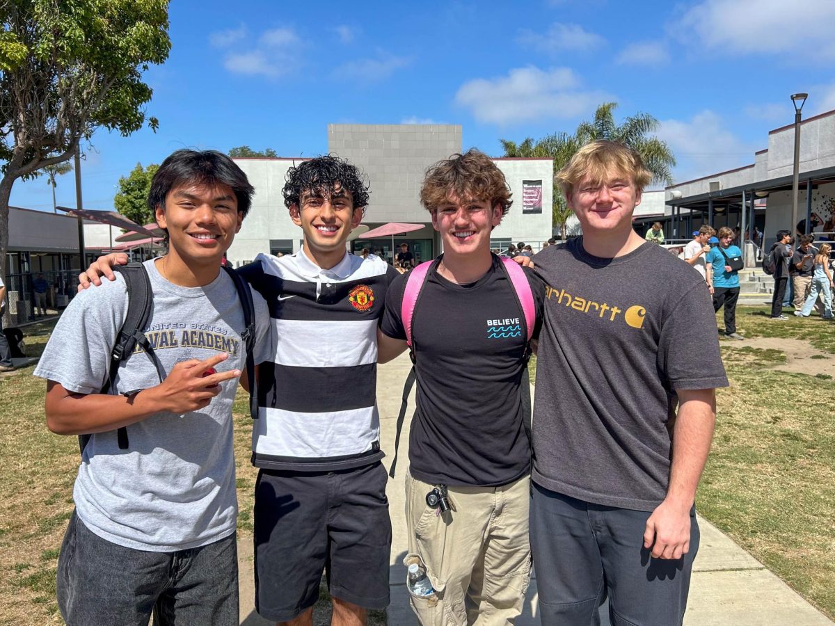 Right to left are seniors Liam Macario, Christophe Issa, Alexander Lawson and Joaquin Windsor, who have been friends since freshman year and pose together for a final photo on the Foothill Tech campus. From after school activities to different academic tracks, these friends still remain close after all these years.