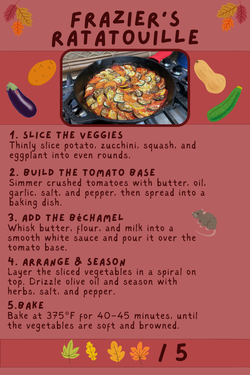 Justin Frazier’s fall ratatouille, layered with thinly sliced vegetables and creamy bechamel sauce, scored a four-out-of-five rating for its rich flavor and cozy, seasonal warmth, but lost a point for the lengthy time it took to prepare.