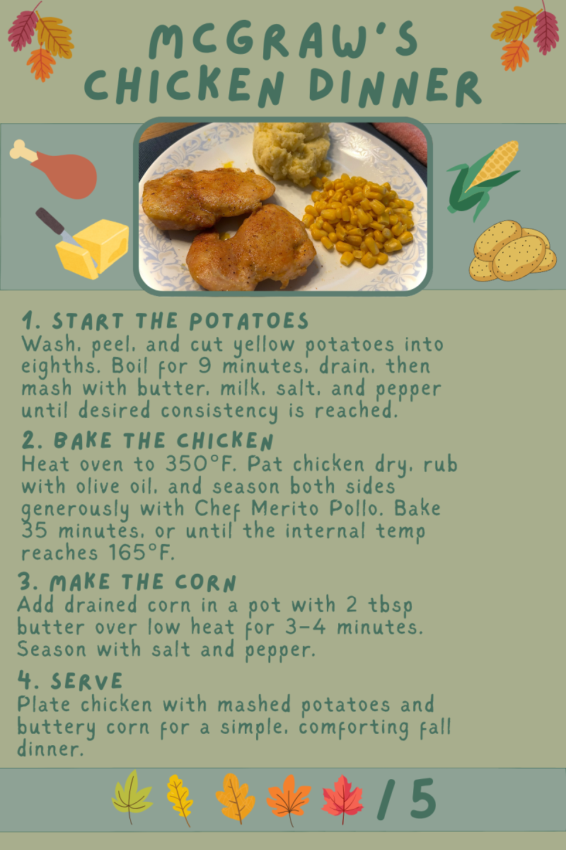 Elizabeth McGraw’s chicken dinner, made with Chef Merito’s Pollo Seasoning and served with mashed potatoes and corn, scored a five-out-of-five rating for its comforting flavor and fall nostalgia.