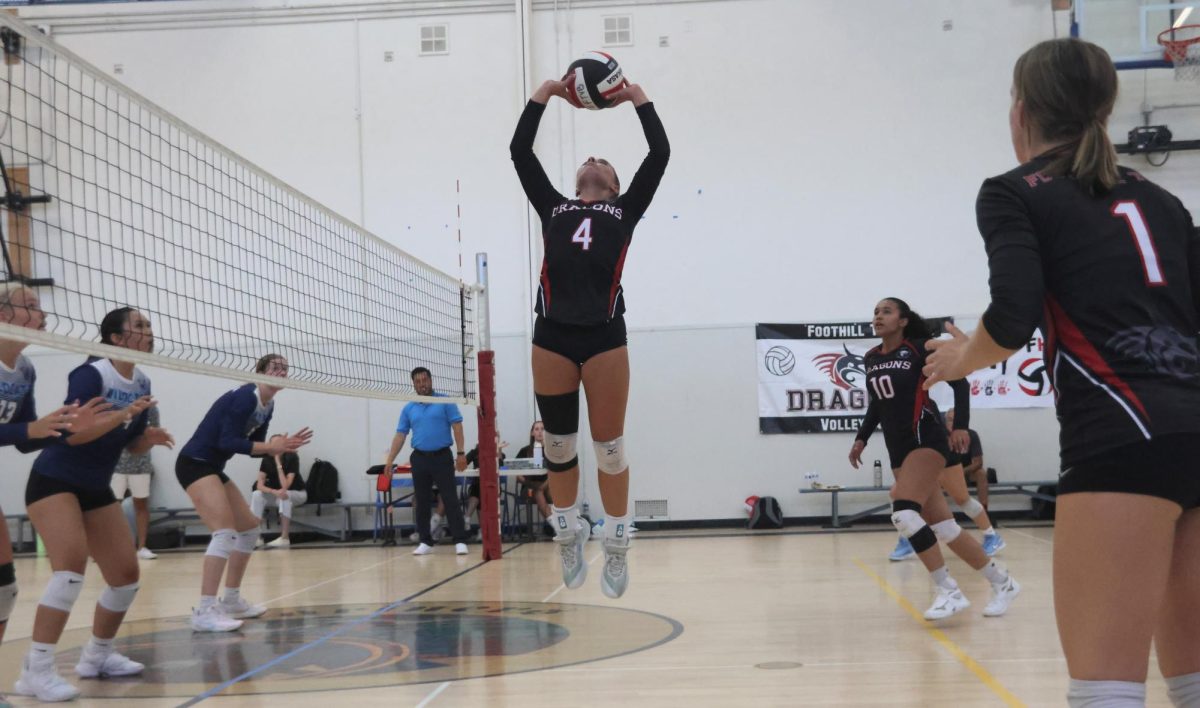 Emily Turner '26 (Number 4) is pictured here setting a ball to her teammates during an intense game against Villanova Preparatory School (Villanova). Turner has been a part of the varsity team for three seasons and is known for her awareness on the court and her ability of great offense, helping her team make it to the California Scholastic Federation (CIF) finals this past season. These precise sets and steady communication help her team execute their hits. Turner's competitive drive and leadership are very valued by both coaches and teammates.