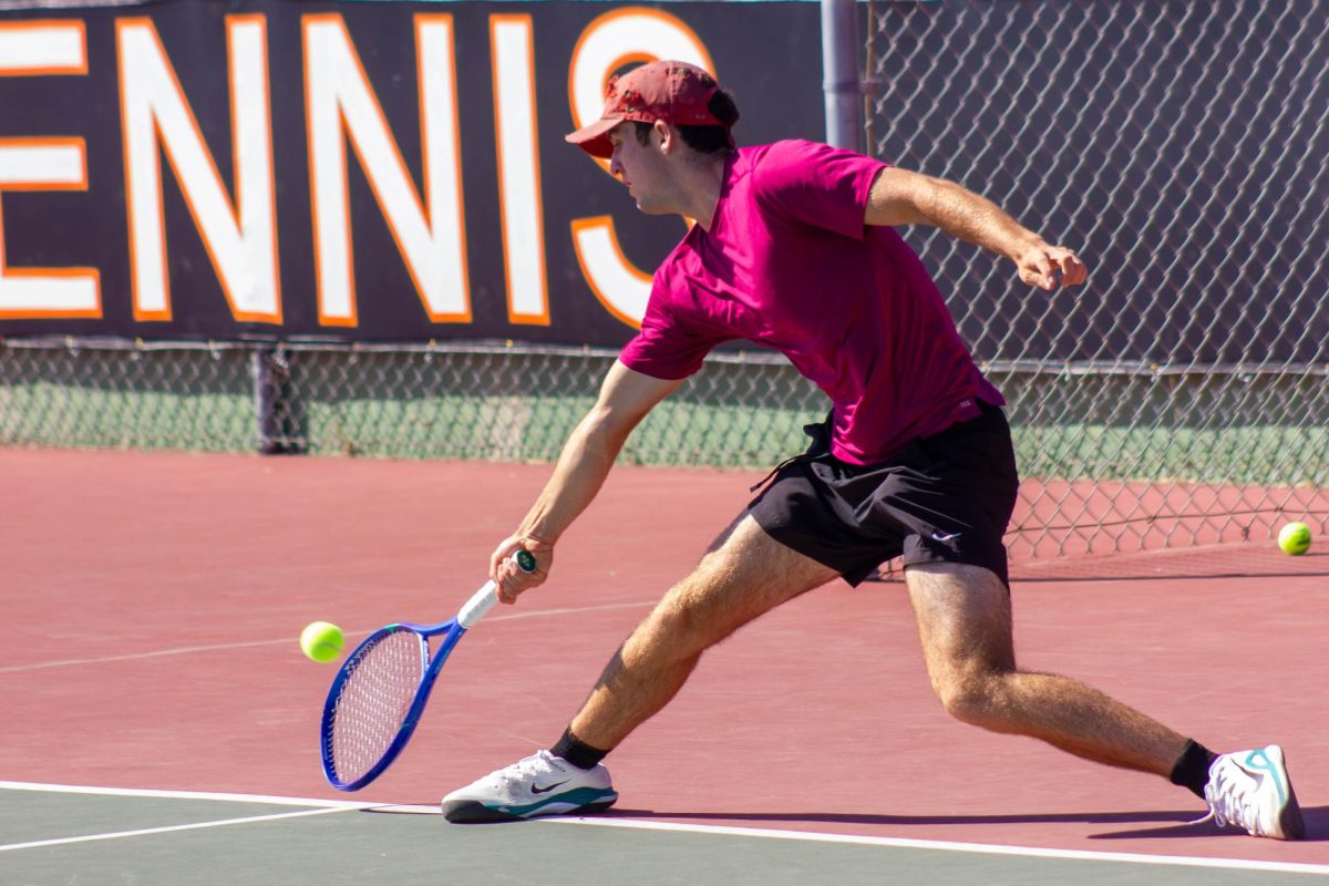 On May 6, 2026, the Foothill Technology High School boys tennis team played its first round of CIF against Buckely High School at Ventura College. Pictured above is Charlie Powers '27 striking the ball to his opponent while playing singles.