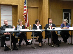 Candidates for school board present to the public before the election. Photo: Trevor Adams/The Foothill Dragon Press