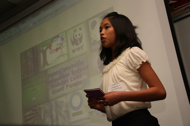 Freshman Michelle Pablo gives her speech on temperate forests in Melissa Wantz's classroom. Credit: Aysen Tan/The Foothill Dragon Press.