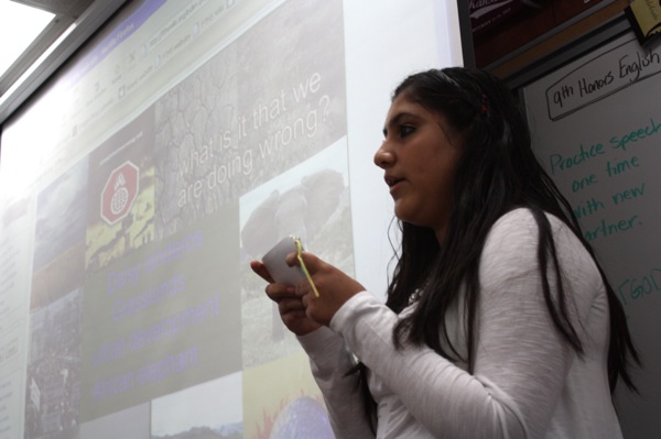 Daisy Landeros tackles her first major assignment, the 9th Grade Eco-Project, delivering her speech to a board of her peers on Monday the 13th. Photo CreditL Alison English/The Foothill Dragon Press.