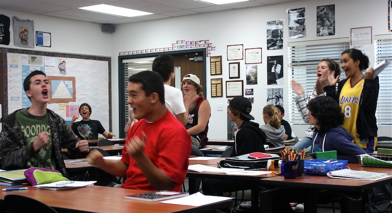 Students react during fourth period to the news that Foothill increased its API score to 914. Credit: Chrissy Springer/The Foothill Dragon Press.