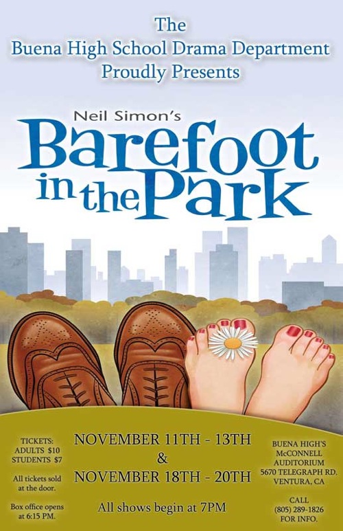 Poster advertisement for Buena High School's production, &quot;Barefoot in the Park&quot;. Credit: Buena High School Drama Department.