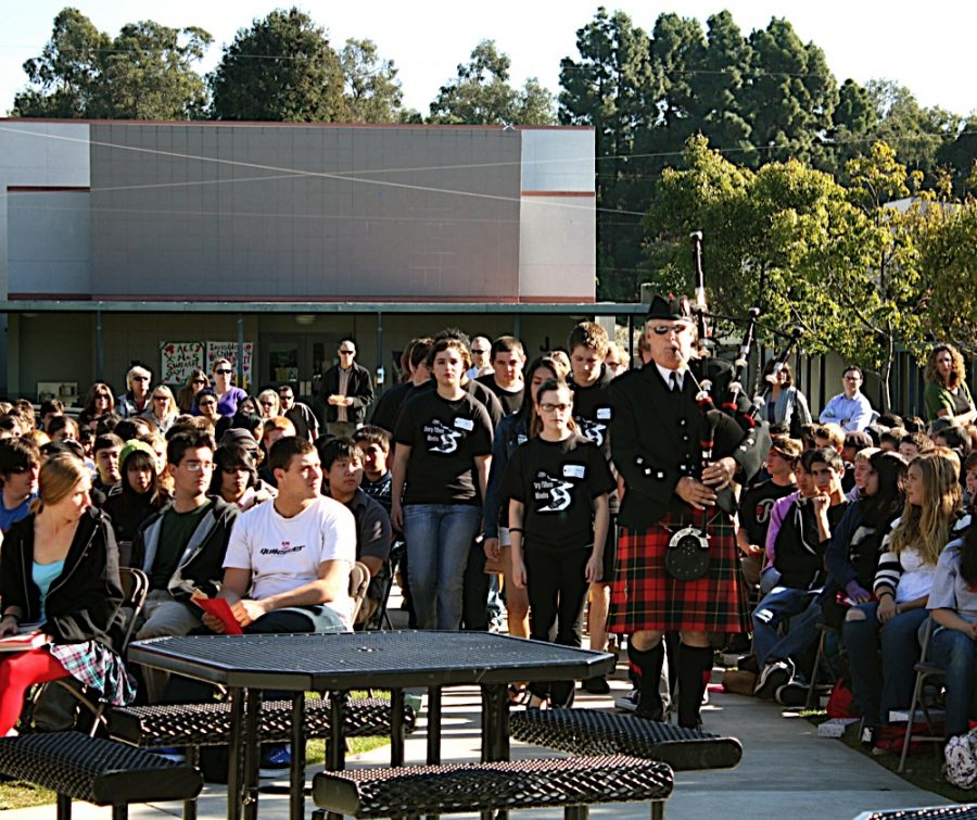 Bagpiper Bill Boetticher led the "funeral" procession towards the stage where a presentation for upperclassmen ended the two-day "Every 15 Minutes event". Credit: Katie Elvin/The Foothill Dragon Press