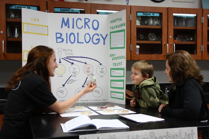 At Biosciences Fiesta Award Demo Night, junior Ami Ballmer talks to the parent of an incoming student. Credit: Melissa Marshall/The Foothill Dragon Press