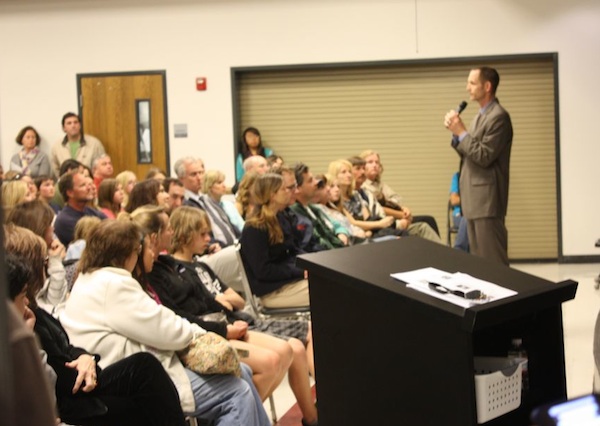 Principal Joe Bova speaks to parents and eighth grade students about attending Foothill. Credit: Gemma Stoll/The Foothill Dragon Press.