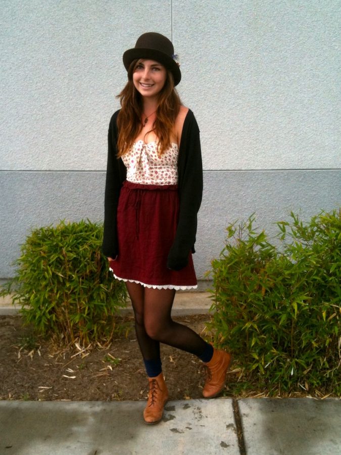 Sophomore Ella Svete displays one of her fall outfits, which includes a top and skirt from Urban Outfitters and a hat from a flea market. Credit: Kirsten Wiltjer/The Foothill Dragon Press.