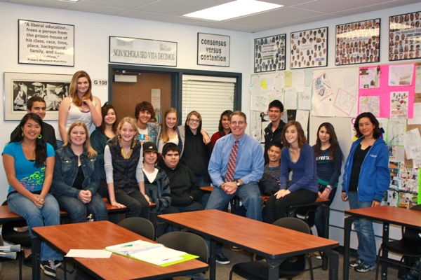 Foothill teacher Richard Geib sits with his first semester FIRE class for one of the last times as many of them will leave the program on Monday. Credit: Gemma Stoll/The Foothill Dragon Press.