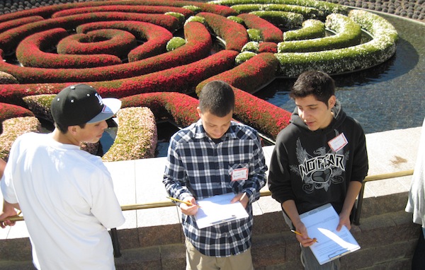 Freshman Francisco Reyes, junior Brandon Davis and junior Alex Capilla sketch the gardens at the Getty Museum Wednesday. Credit: Karie Portillo/The Foothill Dragon Press.