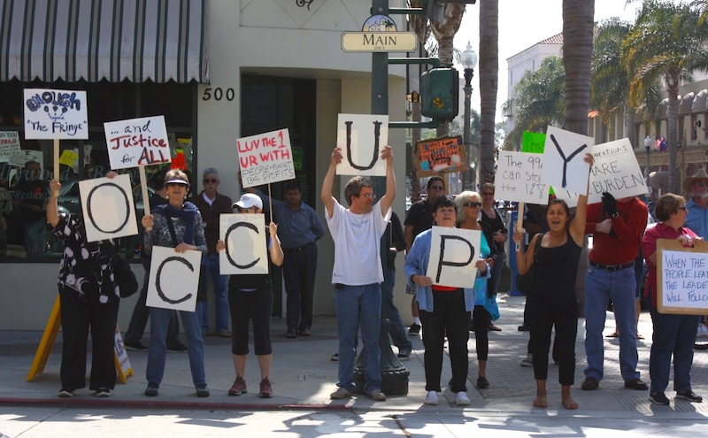Though Occupy Ventura was centered at Mission Park, protesters also lined up on Main Street today to show solidarity with