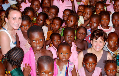 Melissa Wantz and Megan Wantz are shown with children from Lungi who would attend the school Foothill teachers Melissa Wantz and Cherie Eulau hope to build there. Photo courtesy of Cherie Eulau.