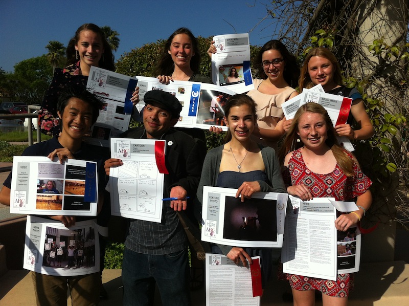 The Foothill Dragon Press was recognized by Ventura County Star with 14 awards Thursday night. Top, from left: junior Felicia Perez, senior Anaika Miller, junior Molly Roberts, freshman Claire Stockdill. Bottom, from left: sophomore Aysen Tan, senior Kevin Kunes, sophomore Glenda Marshall, and sophomore Kienna Kulzer. Credit: Melissa Wantz/The Foothill Dragon Press.