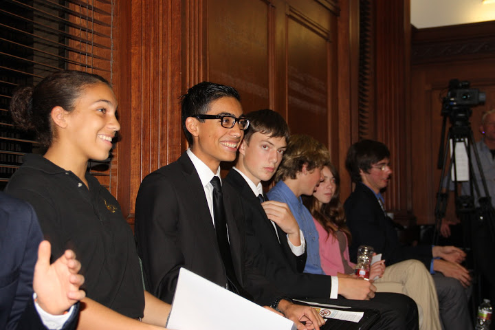 Competitors (from left) sophomores Ashley Jones, Carlos Cohen, Nathan Staples, Spencer Nichols, Allie Olson, and junior Josh Ward wait to present their speeches at a competition for aspiring entrepreneurs. Credit: Stevi Pell/The Foothill Dragon Press