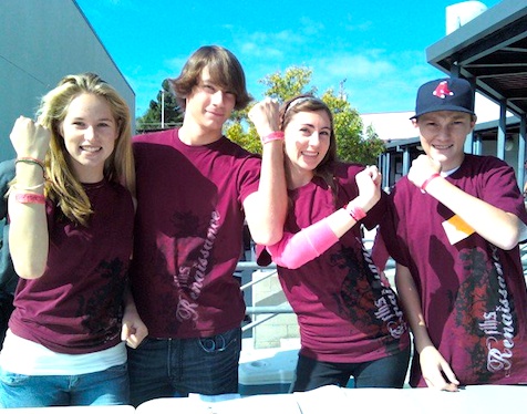 Juniors Riki Schmitt and Trevor Kirby and Sophomores Mallory Woertink and Jackson Tovar show off their Red Ribbon Week bracelets. Photo illustration by Caitlin Trude/The Foothill Dragon Press